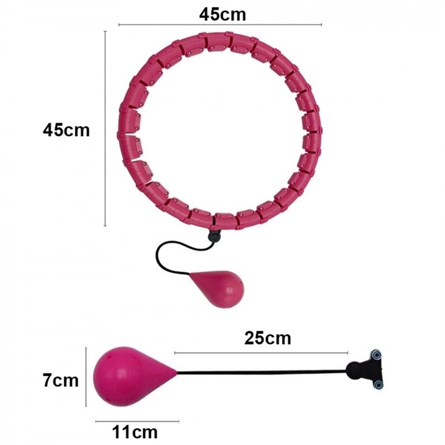 Pinkfarbener Hula-Hoop-Reifen mit Massageelementen. Abmessungen: 45 cm Durchmesser, 25 cm Gewicht, 7 cm Höhe, 11 cm Breite.
