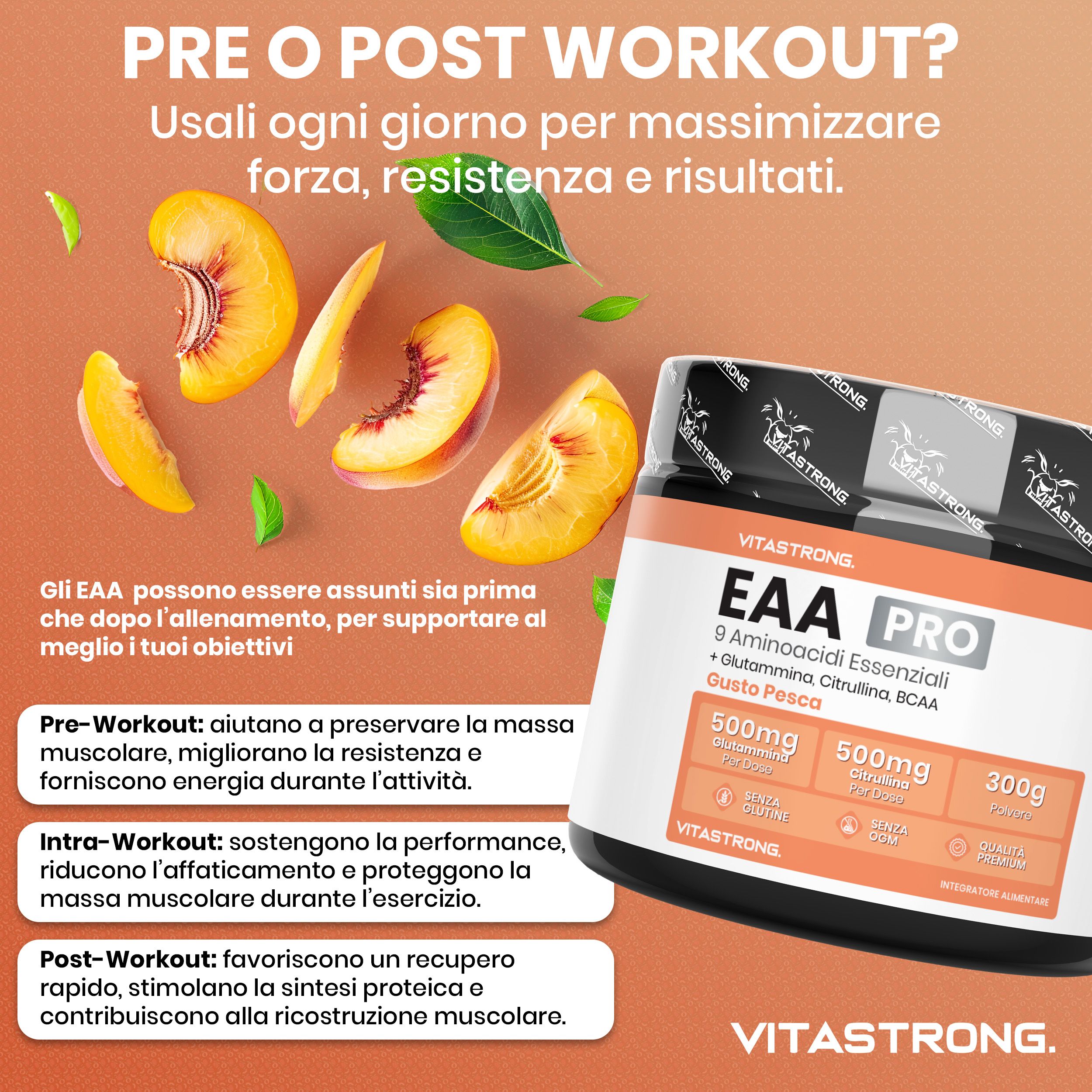 Vitastrong EAA Pro, Dose. 9 Aminosäuren, BCAA, Glutamin. Pfirsich-Geschmack. Pfirsiche und Text.
