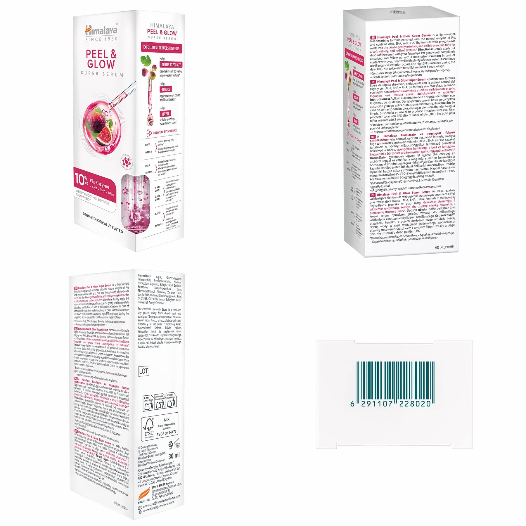 Produktverpackung, verschiedene Ansichten. Text: Himalaya, Peel & Glow, Super Serum. Barcode.