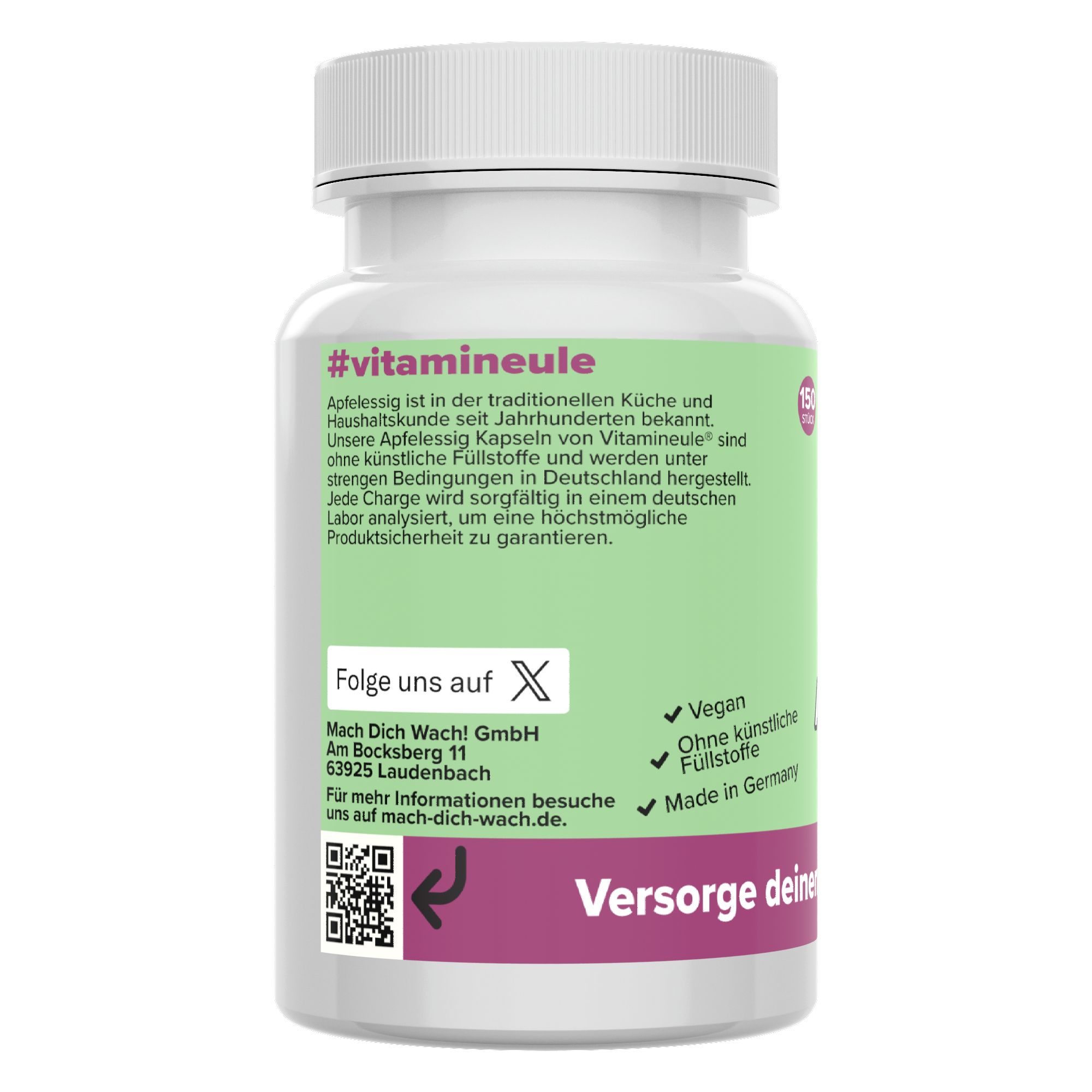 Rückseite der Flasche mit grüner Aufschrift. Enthält Informationen zu #vitamineule, Vegan, Made in Germany.