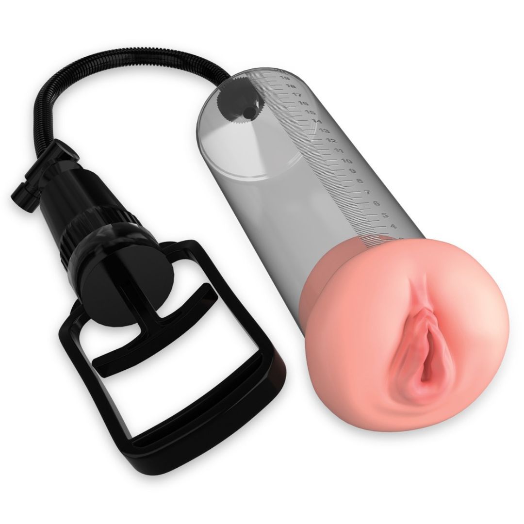 Transparente Pumpe mit Vagina-Öffnung. Schwarzer Griff und Schlauch. Skala am Zylinder. Rosa Öffnung.