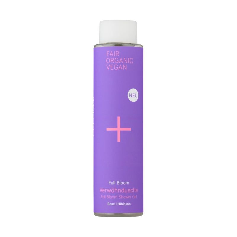 Violette Flasche mit weißem Deckel. Aufschrift: FAIR ORGANIC VEGAN, NEU, Pluszeichen. Produktname: Full Bloom Verwöhndusche.