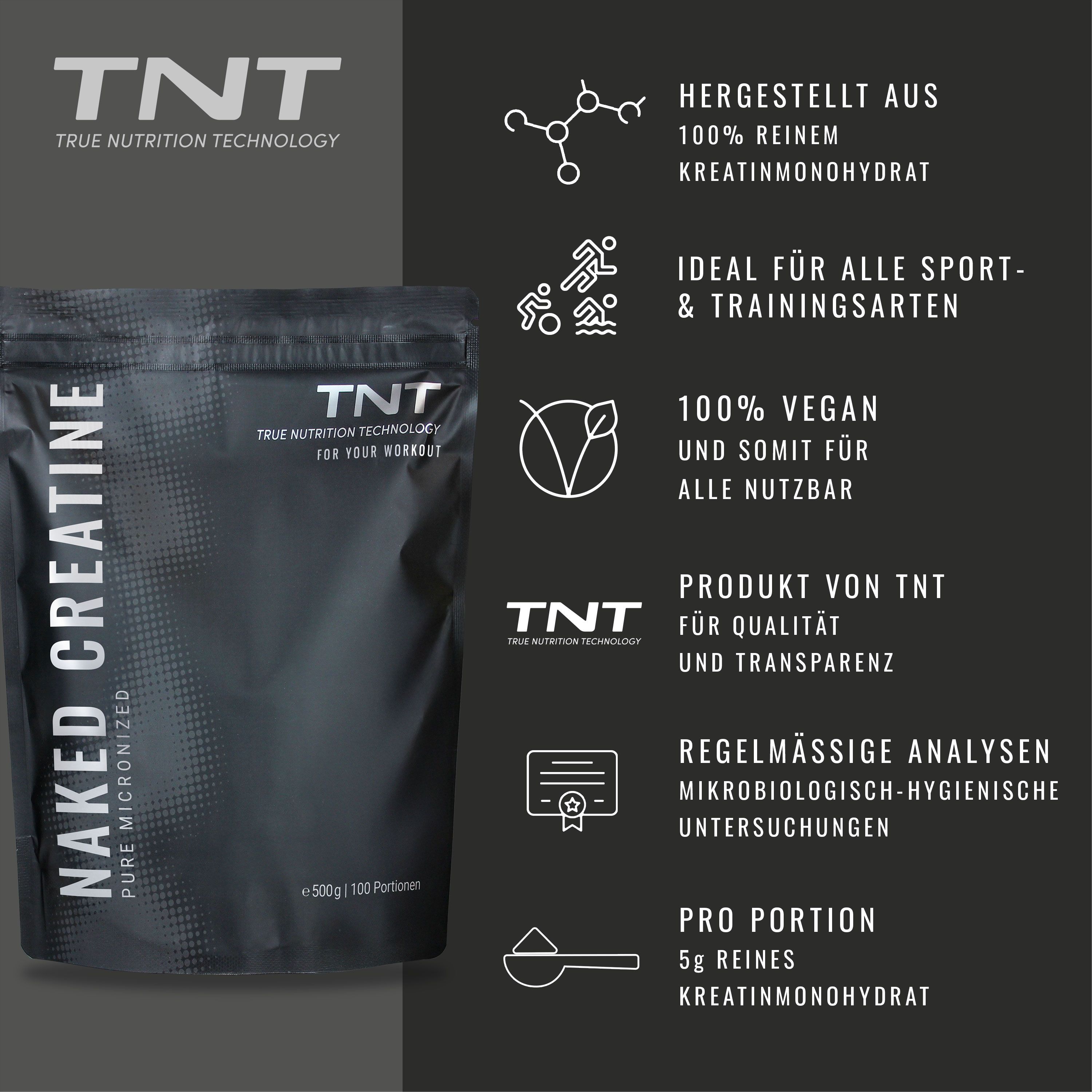 Verpackung "NAKED CREATINE". Text: Hergestellt aus 100% reinem Kreatinmonohydrat. 100% vegan. Pro Portion 5g.