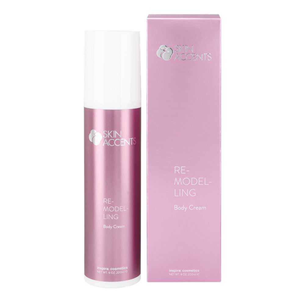 Rosa Flasche und Schachtel. Auf der Flasche steht "Skin Accents" und "RE-MODELING Body Cream". Auf der Schachtel steht "RE-MODELING Body Cream".