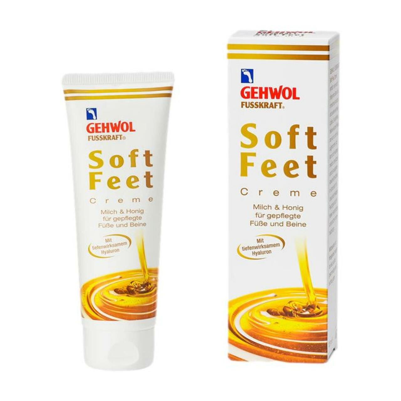 Creme-Tube und Verpackung. Schriftzug: GEHWOL FUSSKRAFT Soft Feet Creme. Text und Illustrationen.