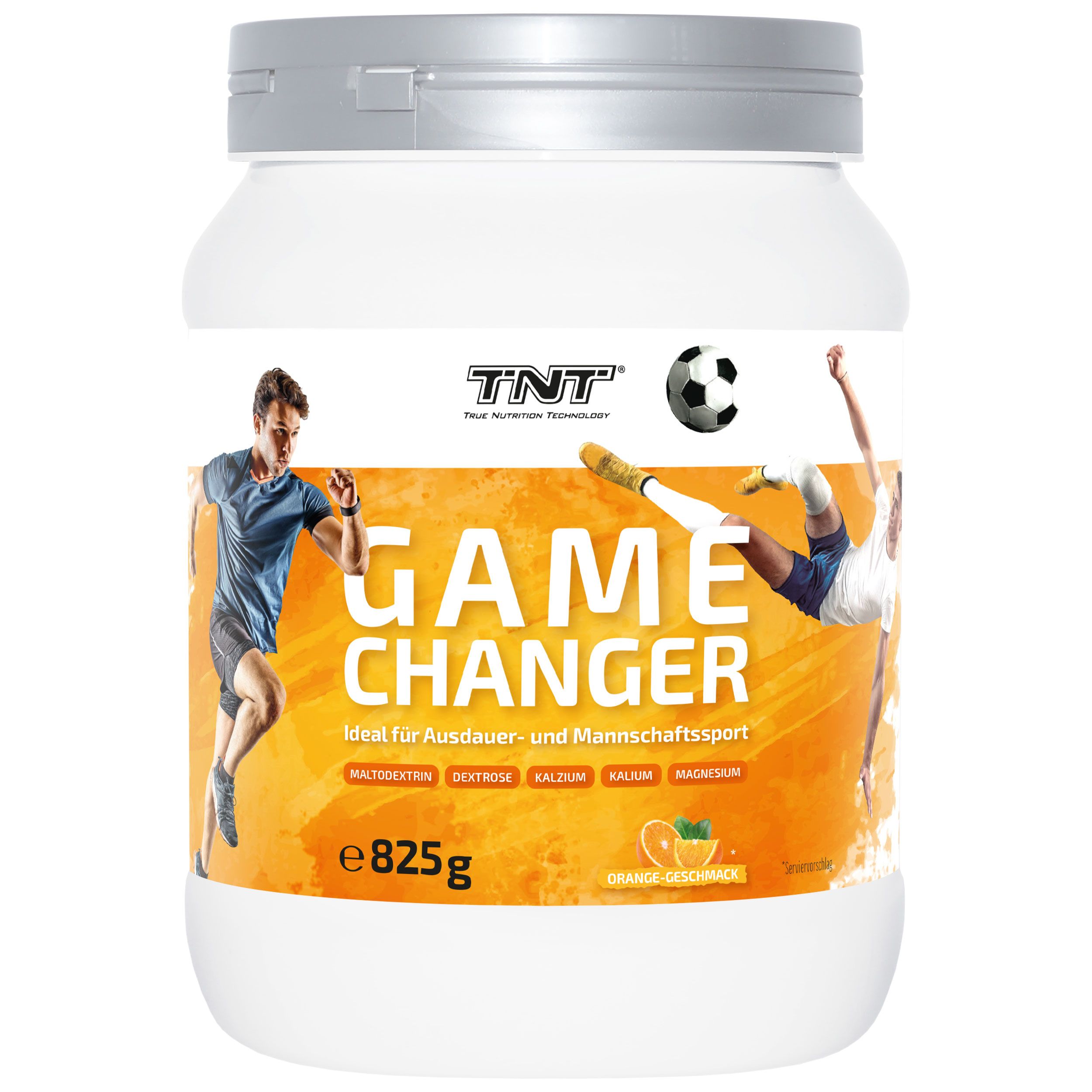 Weißes Produktglas mit Aufschrift "GAME CHANGER". Orangefarbenes Etikett mit Text und Abbildungen. 825g.