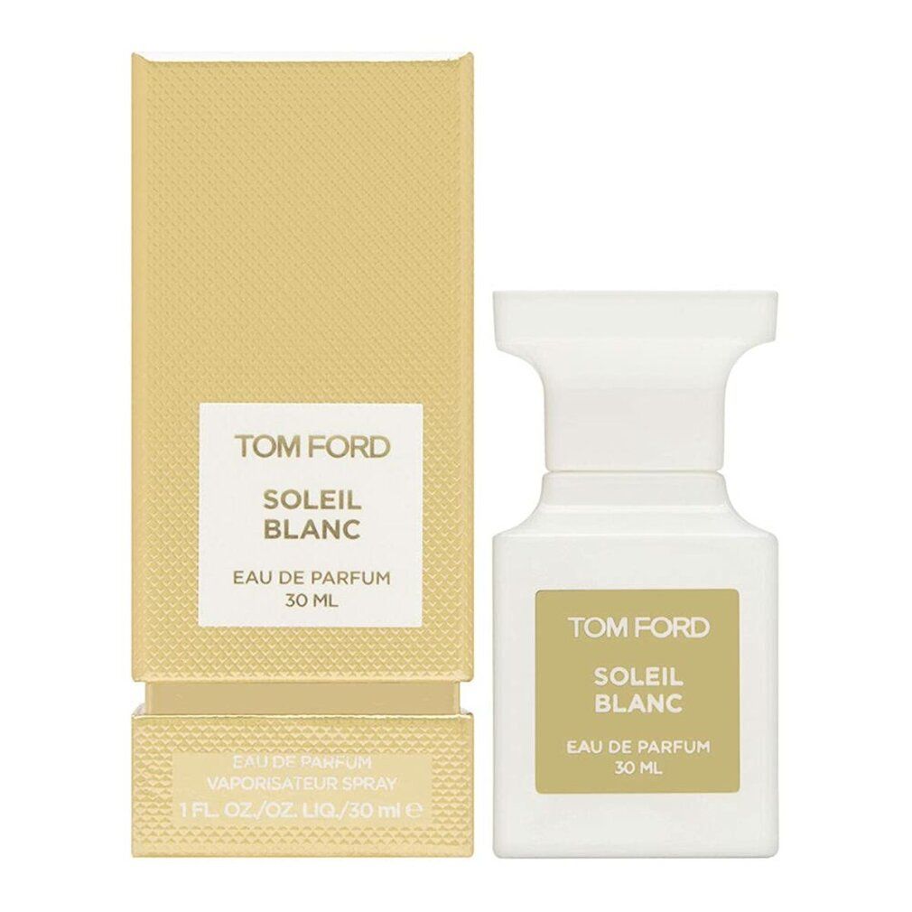 Weiße Flasche und goldfarbene Verpackung. Aufschrift: Tom Ford Soleil Blanc Eau de Parfum 30 ml. Flasche mit weißem Verschluss.