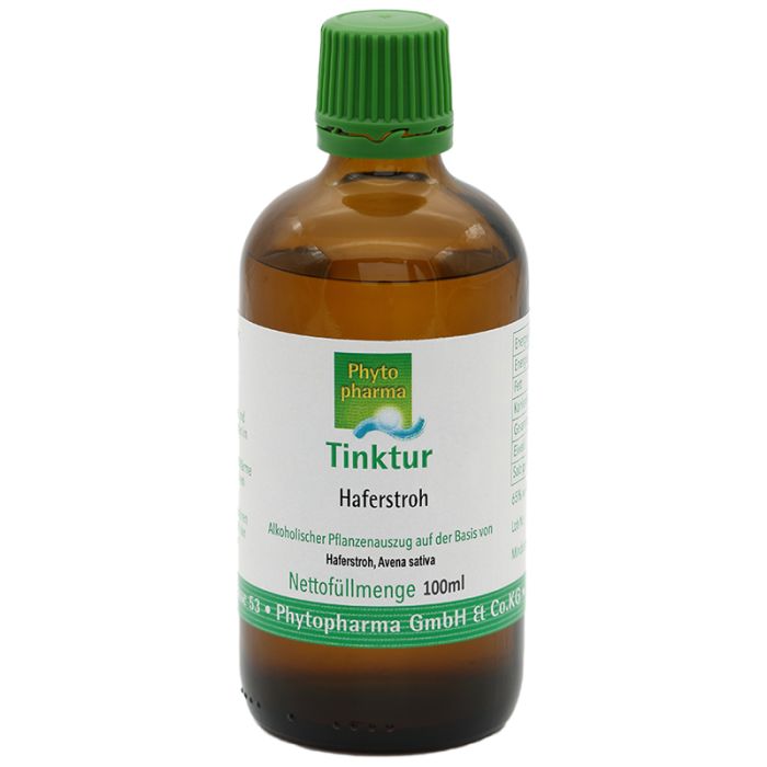 Braune Glasflasche mit grünem Deckel. Etikett mit Produktbezeichnung und Herstellerlogo. Aufschrift: Tinktur Haferstroh.