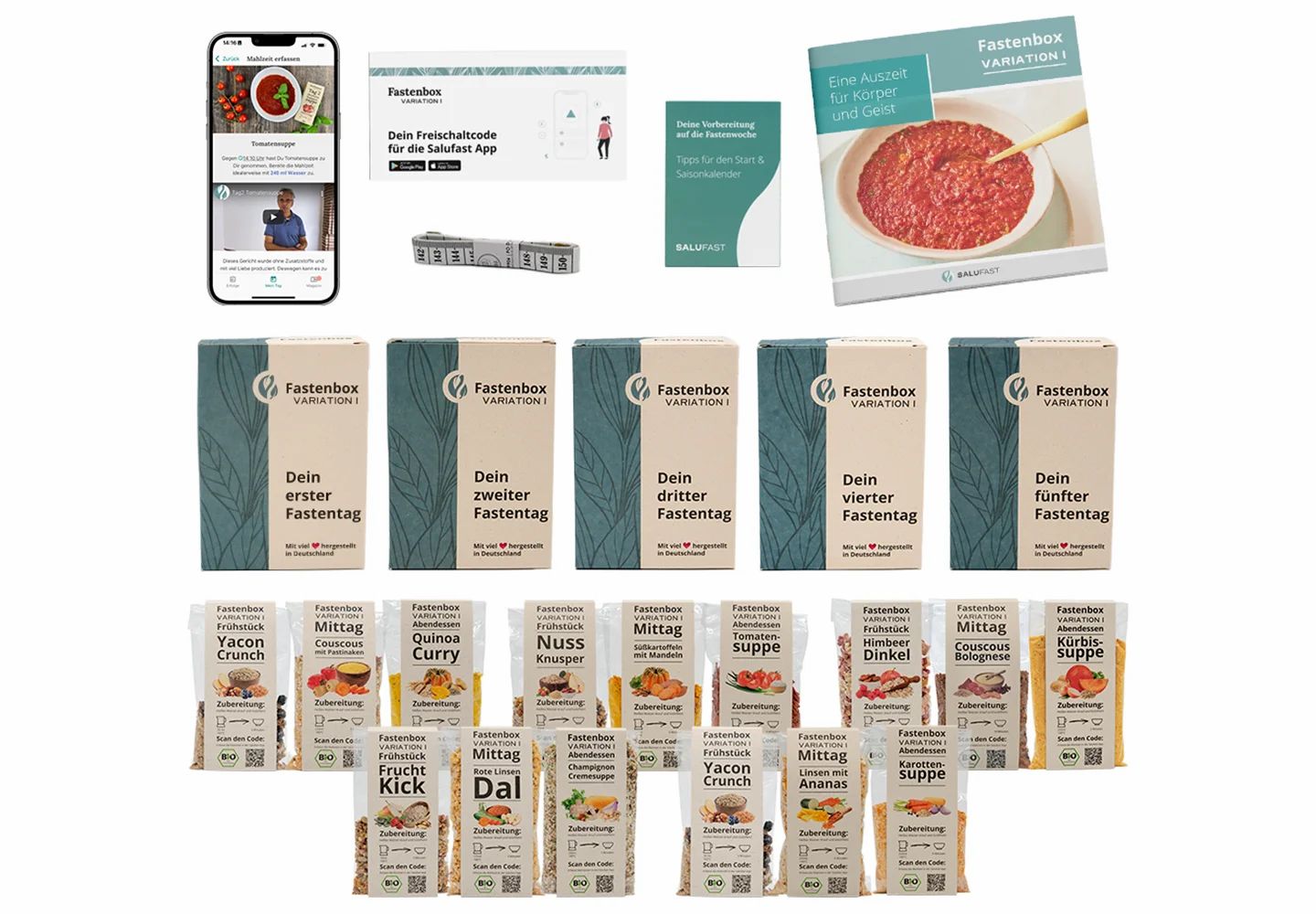 Produkt-Arrangement der Salufast 5-Tage Fastenbox. Enthält Boxen, Beutel mit Mahlzeiten, Broschüren und Zubehör. Text: Variation I.