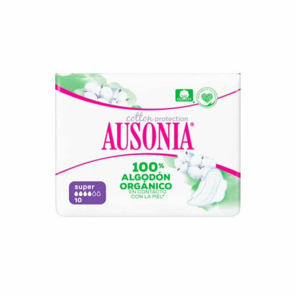 Verpackung von Ausonia Super Organic Slipeinlagen. Weiß mit rosa Akzenten, Baumwoll-Logo und Produktinformationen. 10 Einheiten.