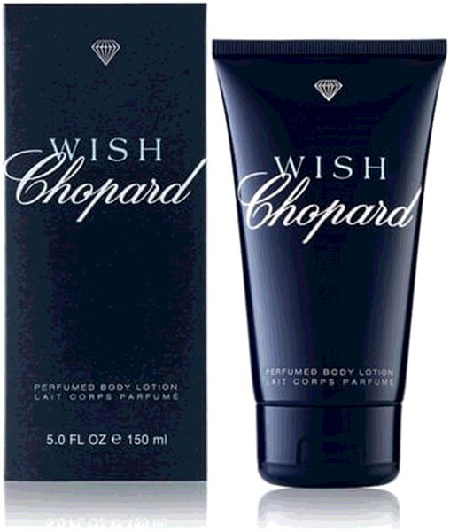 Dunkelblaue Tube und Schachtel mit "Wish Chopard"-Logo. Text: "Perfumed Body Lotion". 5.0 FL OZ e 150 ml.