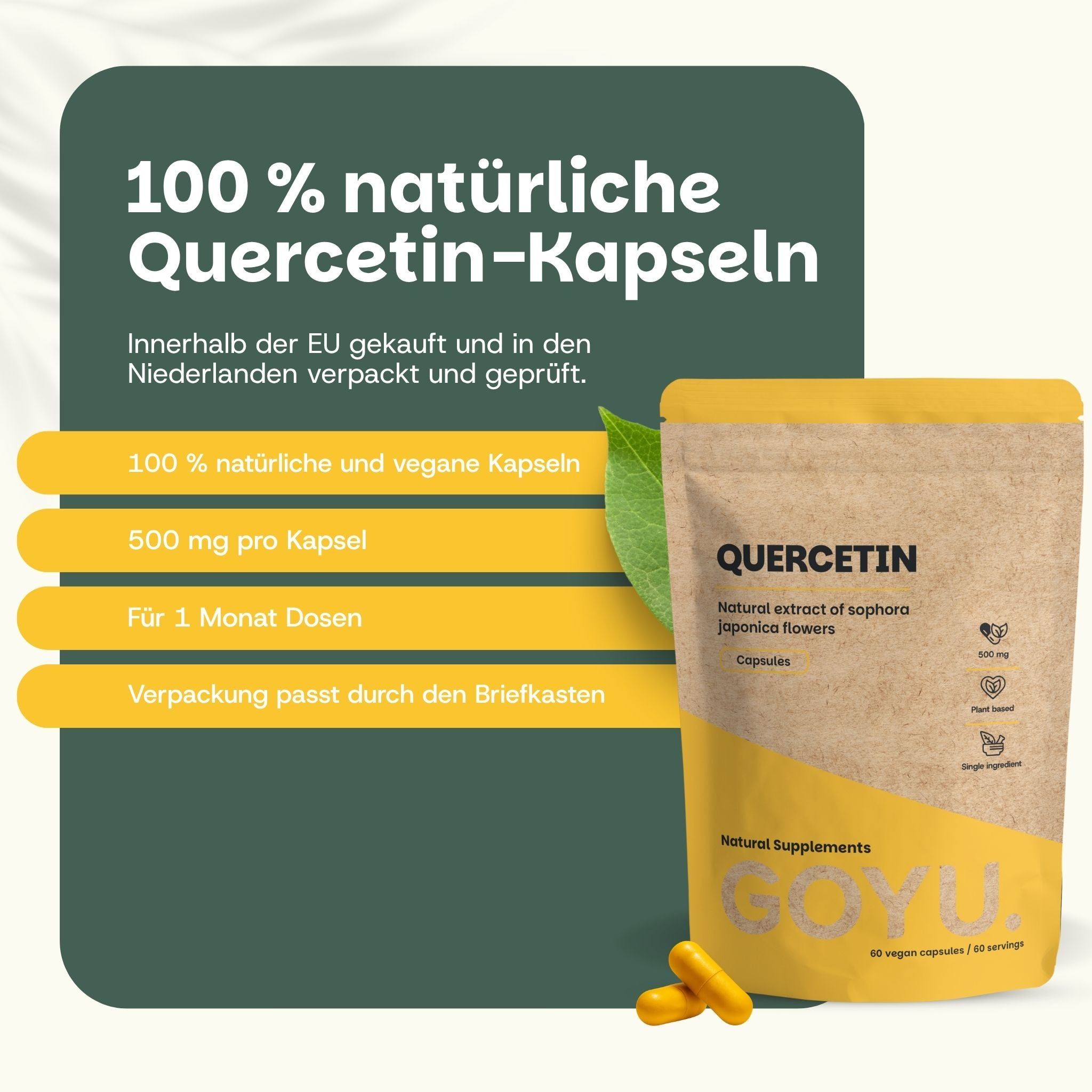 Vergleich von Quercetin-Kapseln: eigene Marke (Kraftbeutel, vegan) vs. andere Anbieter (Plastik, Gelatine).