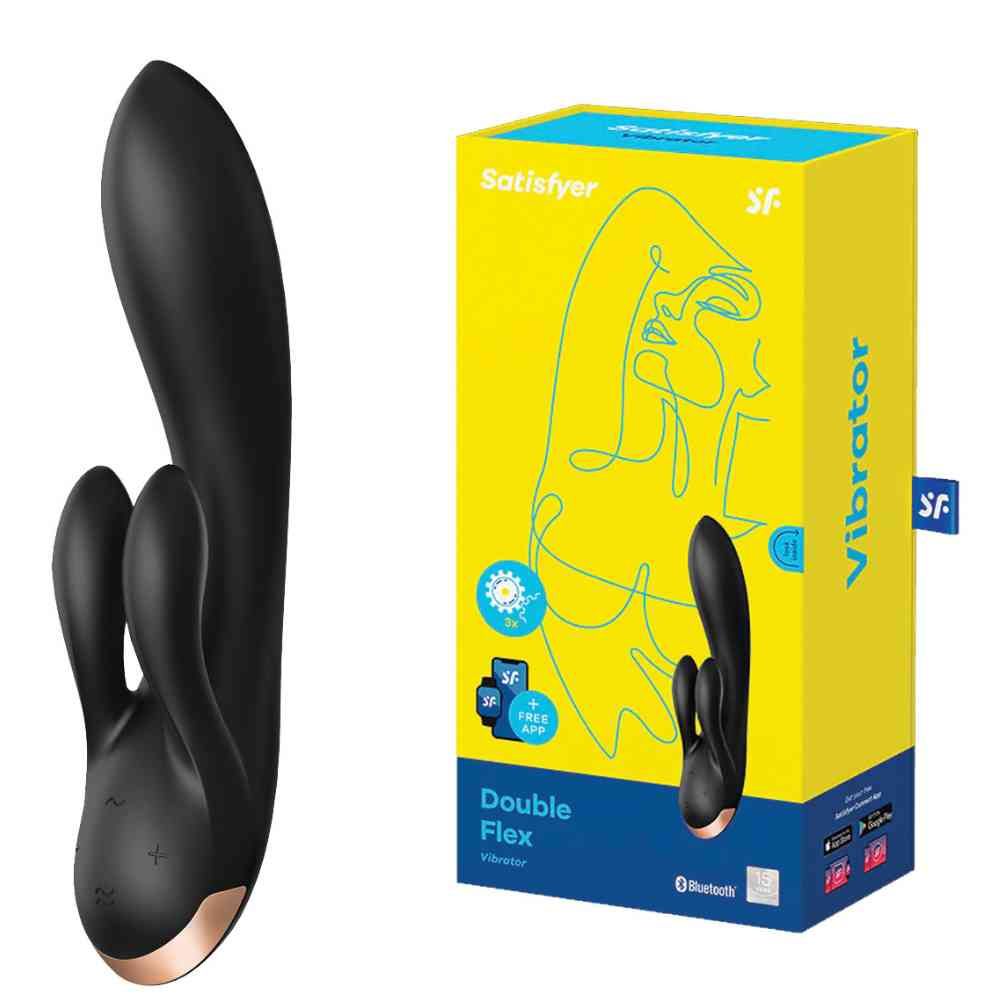 Schwarzer Vibrator neben gelber Verpackung. Verpackung mit Produktname, Marke und Abbildung des Produkts. Blaue Akzente.