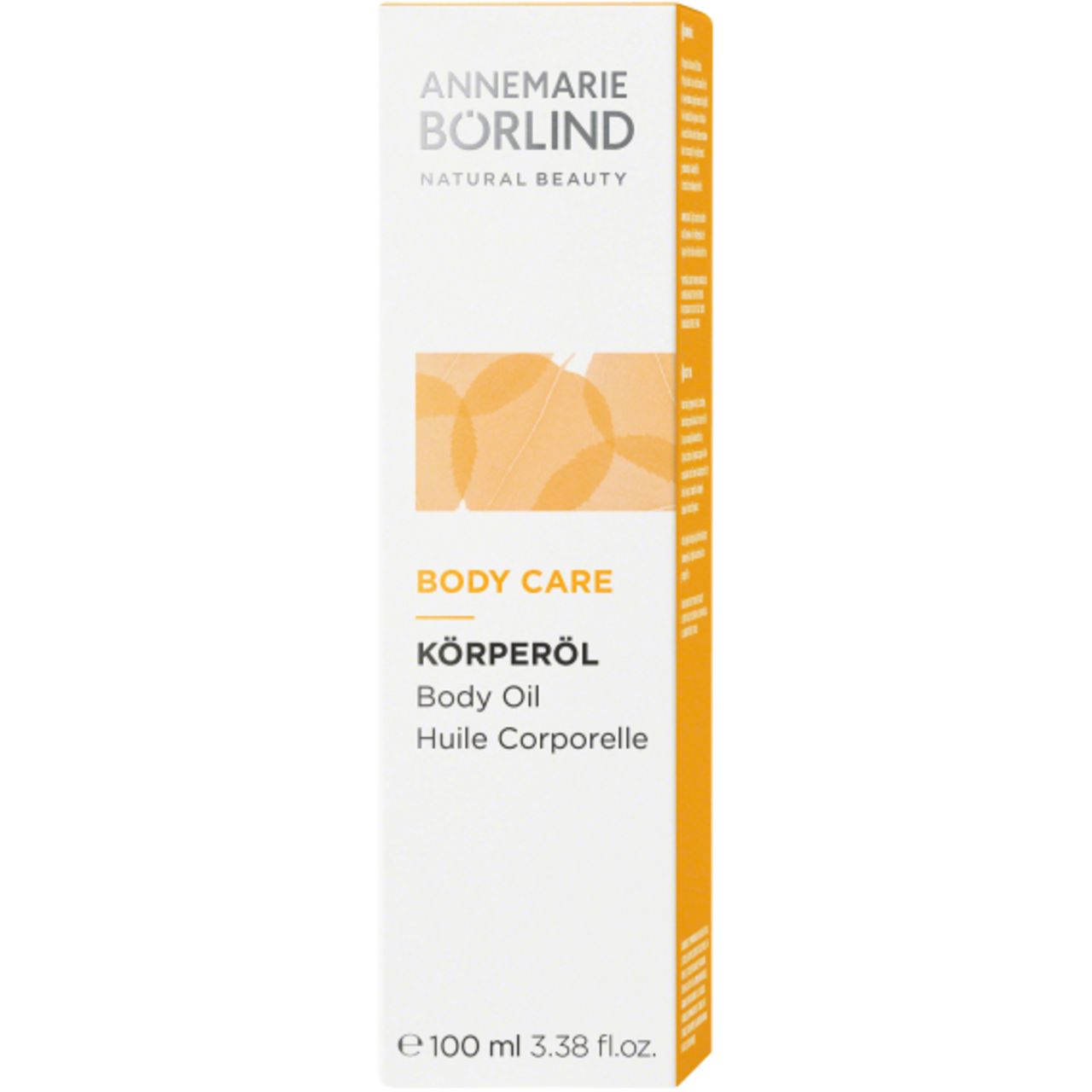 Hohe, rechteckige Verpackung. Aufschrift: ANNEMARIE BÖRLIND, BODY CARE, KÖRPERÖL. Gelbes Design. 100 ml.