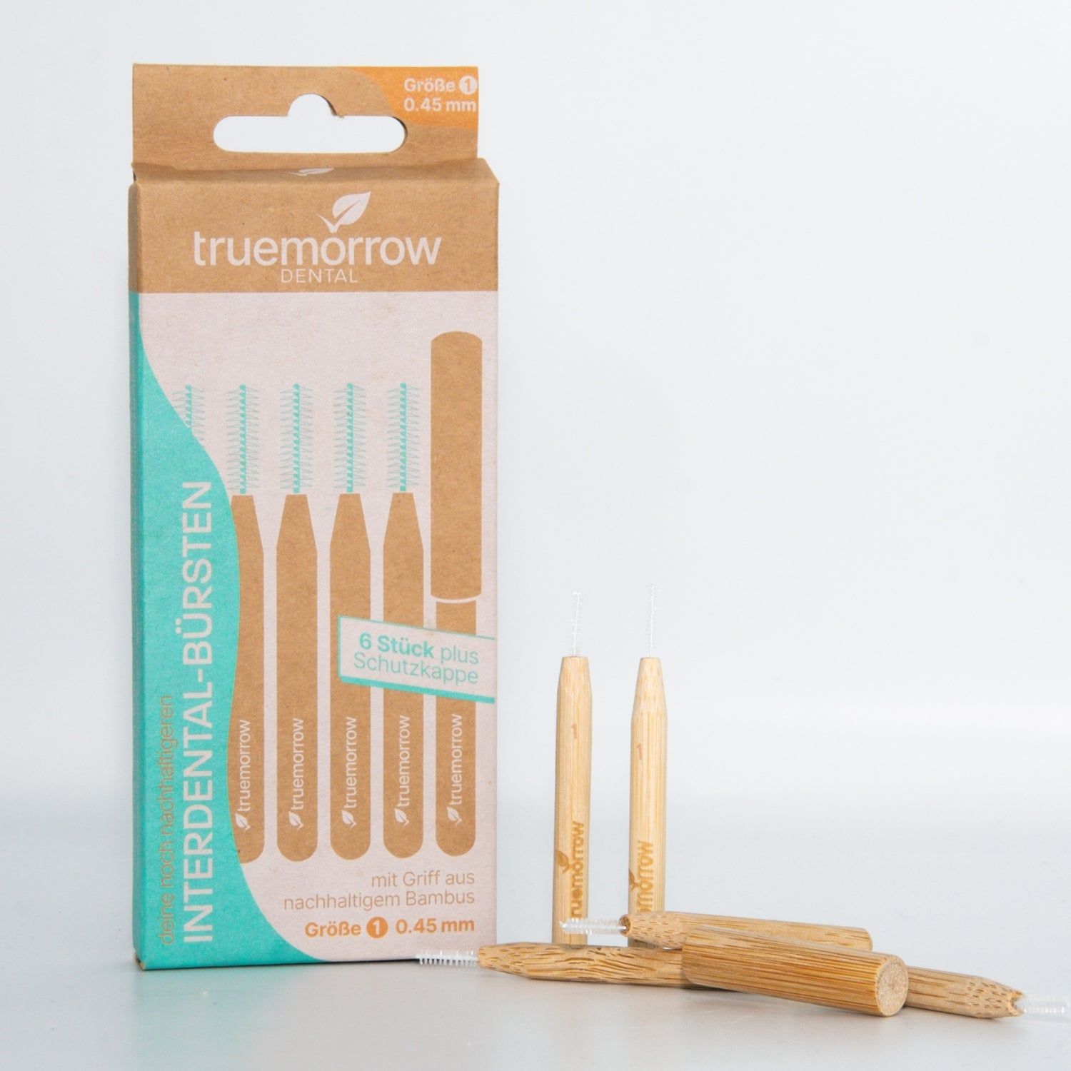 truemorrow Interdentalbürsten aus Bambus (6 Stück) mit Schutzkappe 1 (0.45 mm) - orange