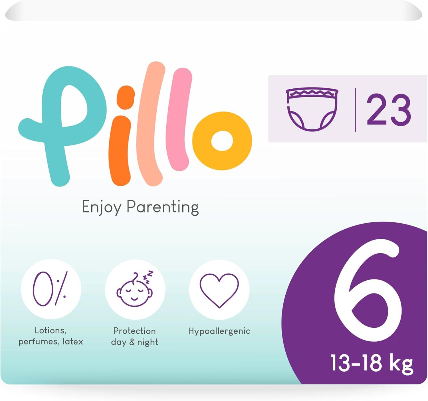 Pillo Pants, Größe 6, 13-18 kg. Verpackung mit Produktabbildung, Logo, und Produktmerkmalen: 0% Lotionen, parfums, latex, Schutz Tag & Nacht, hypoallergen.