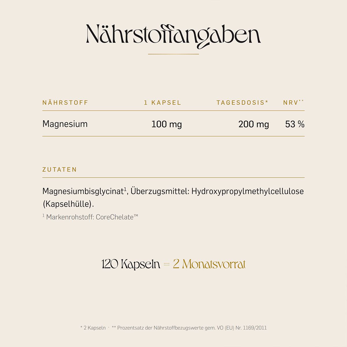 Flasche Magnesiumbisglycinat mit Nährwertangaben und Zutatenliste.