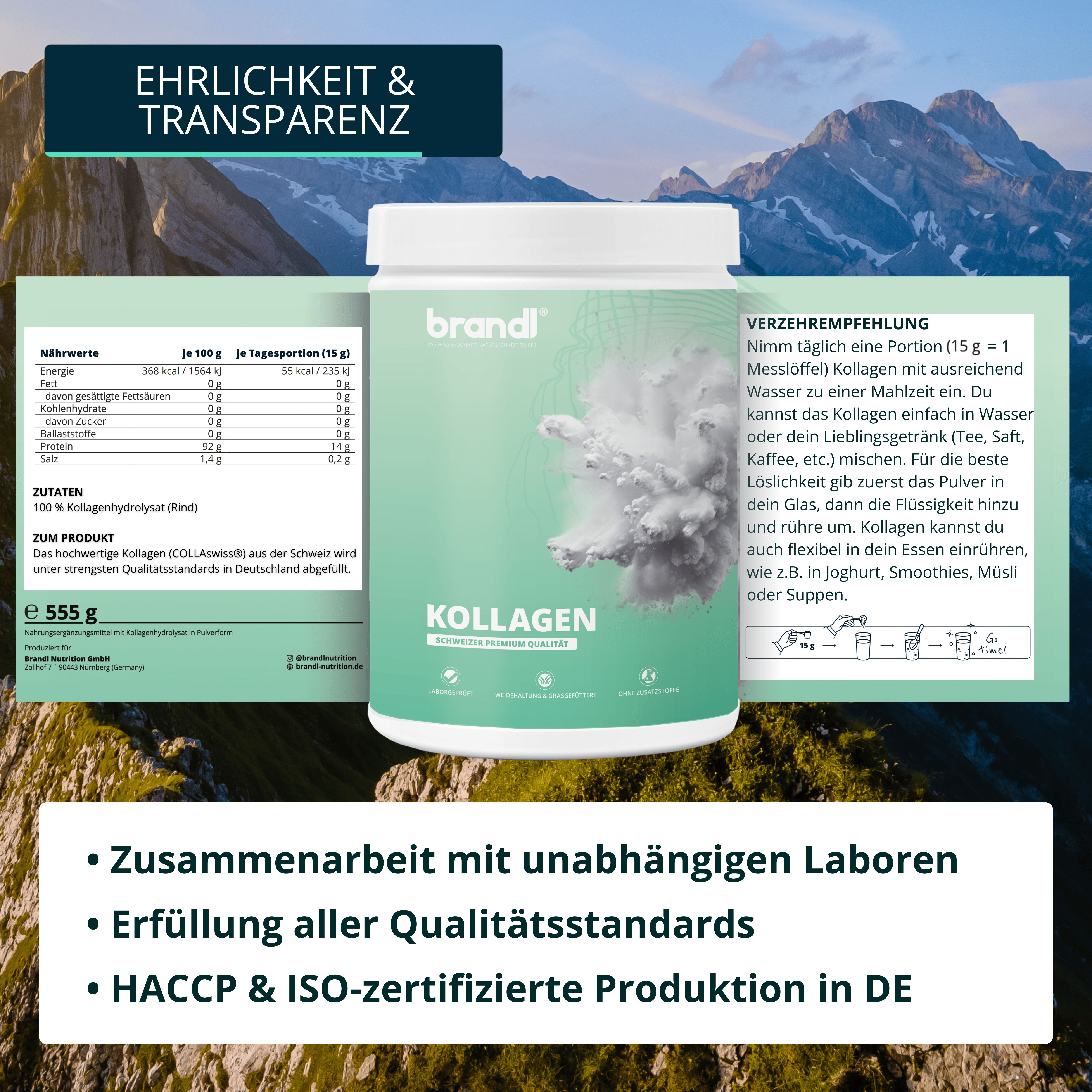 Produktglas mit grünem Etikett. Text: brandl Kollagen. Nährwertangaben und Verzehrempfehlung.