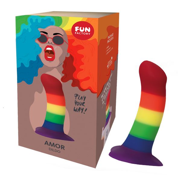 Dildo in Regenbogenfarben neben Verpackung. Verpackung mit Illustration einer Frau und Schriftzug "Fun Factory".