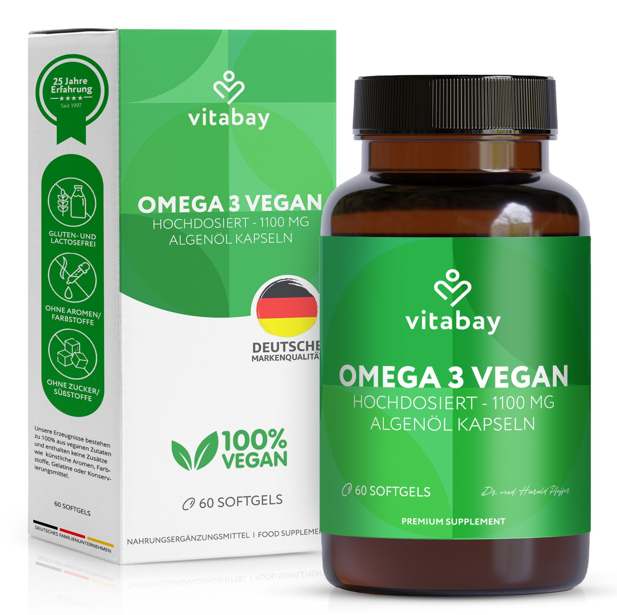 Vitabay Omega-3 Vegan 1100 mg in Schachtel und Flasche. Aufschrift: 100% Vegan, 60 Softgels. Deutsche Markenqualität.