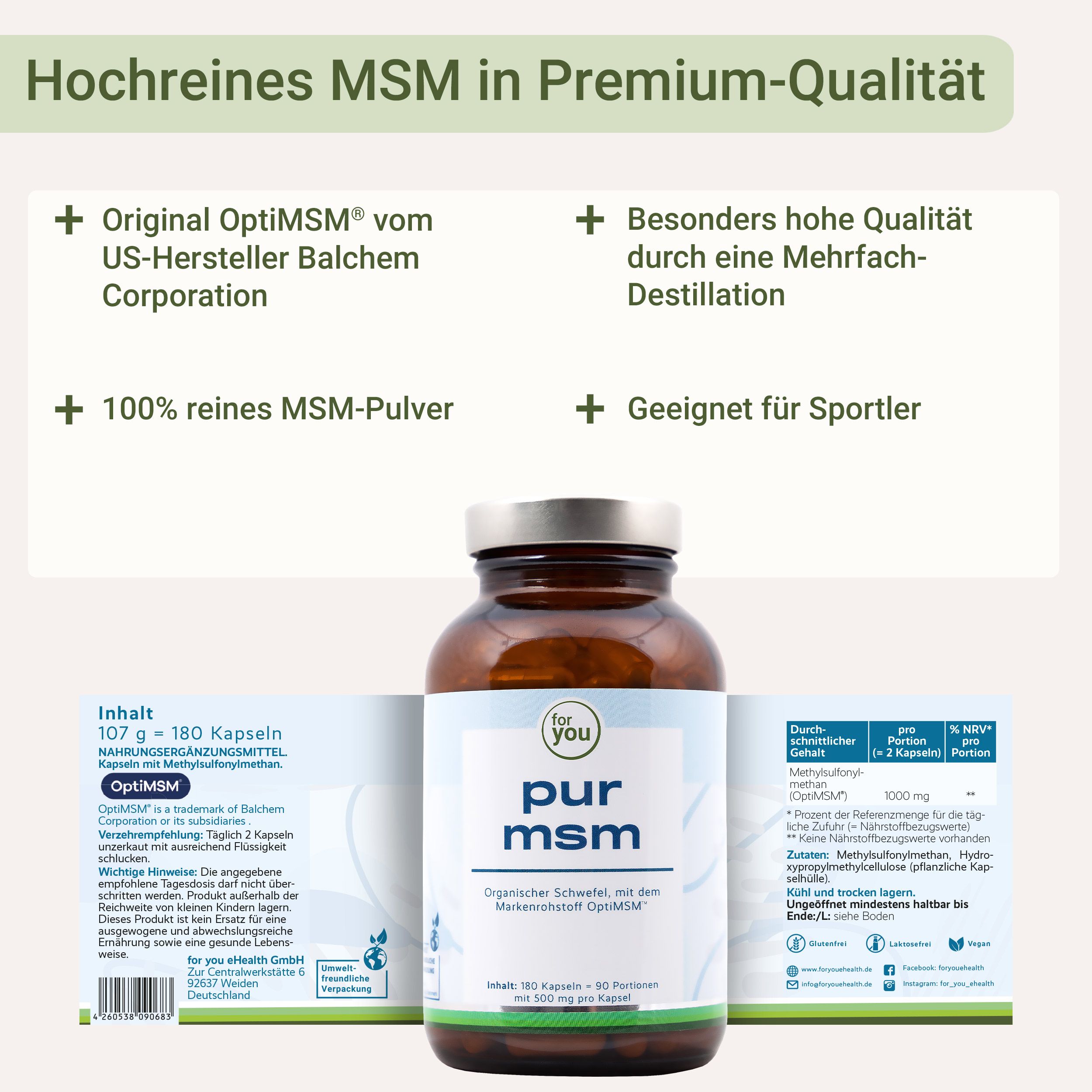 Flasche mit MSM-Kapseln. Text hebt "Hochreines MSM" und "OptiMSM" hervor.
