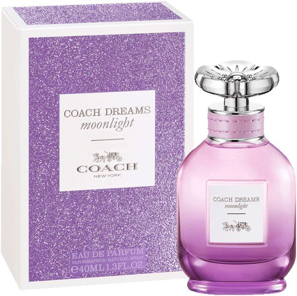 Coach Dreams Moonlight Flakon und Verpackung. Flakon mit silbernem Verschluss, rosa-lila Farbverlauf. Verpackung mit Glitzereffekt.