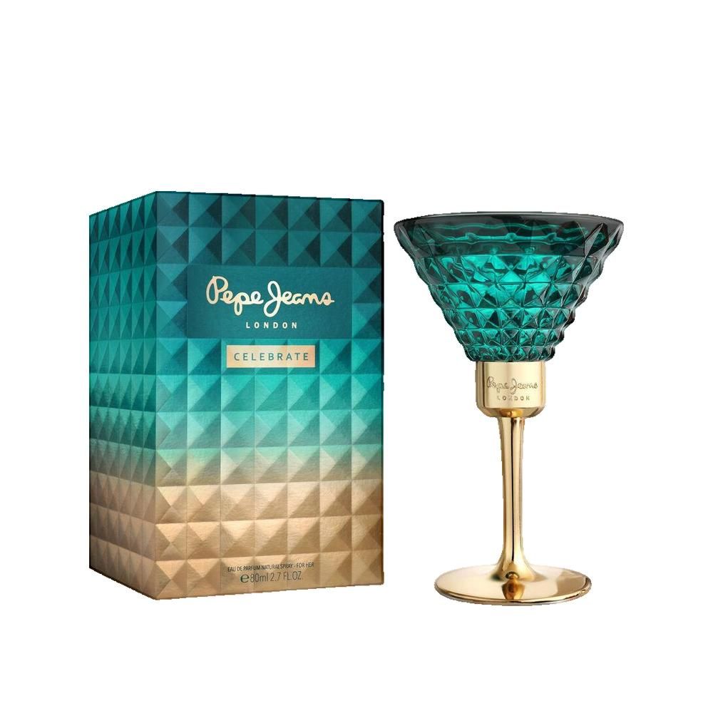 Grüner Flakon in Cocktailglasform neben einer Schachtel. Auf der Schachtel steht "Pepe Jeans London Celebrate".