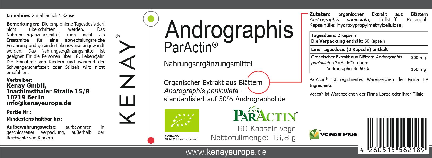 Etikett mit Produktinformationen. Enthält Produktnamen Andrographis ParActin®, KENAY®, Inhaltsstoffe, Bio-Siegel und 60 Kapseln.