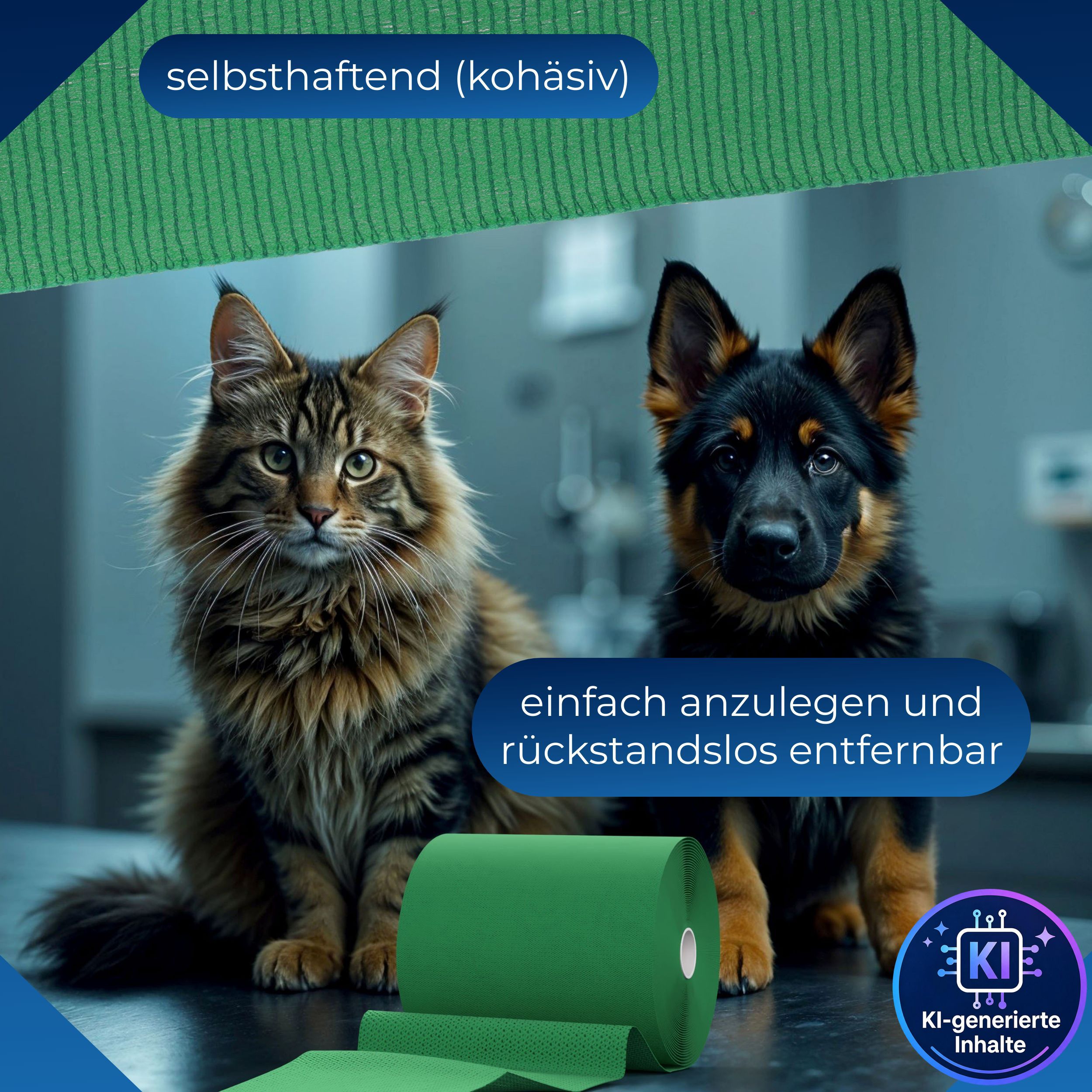 Grüne, selbsthaftende Binde neben Hundewelpe und Katze. Einfach anzulegen.