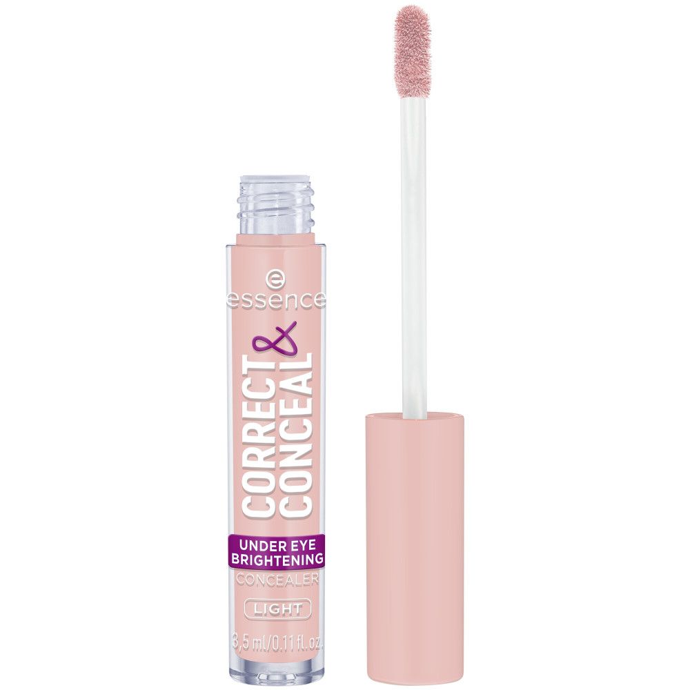 Essence Correct & Conceal Concealer, hellrosa Tube mit Applikator. Text: Correct & Conceal, Under Eye Brightening, Light.
