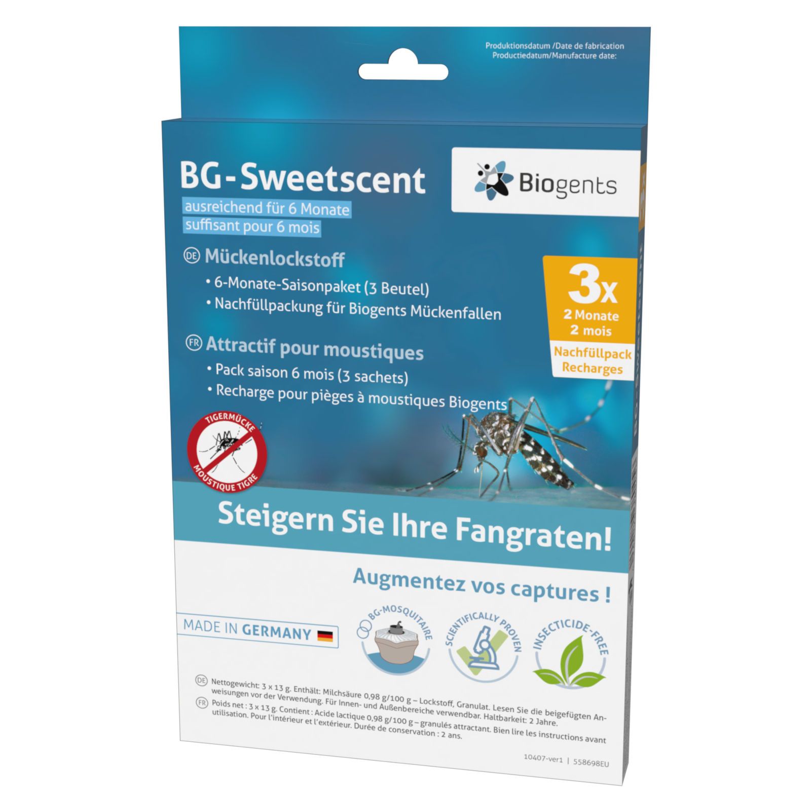 Verpackung von Biogents BG-Sweetscent. Enthält 3 Beutel für 6 Monate. Mit Aufschrift "Mückenlockstoff".