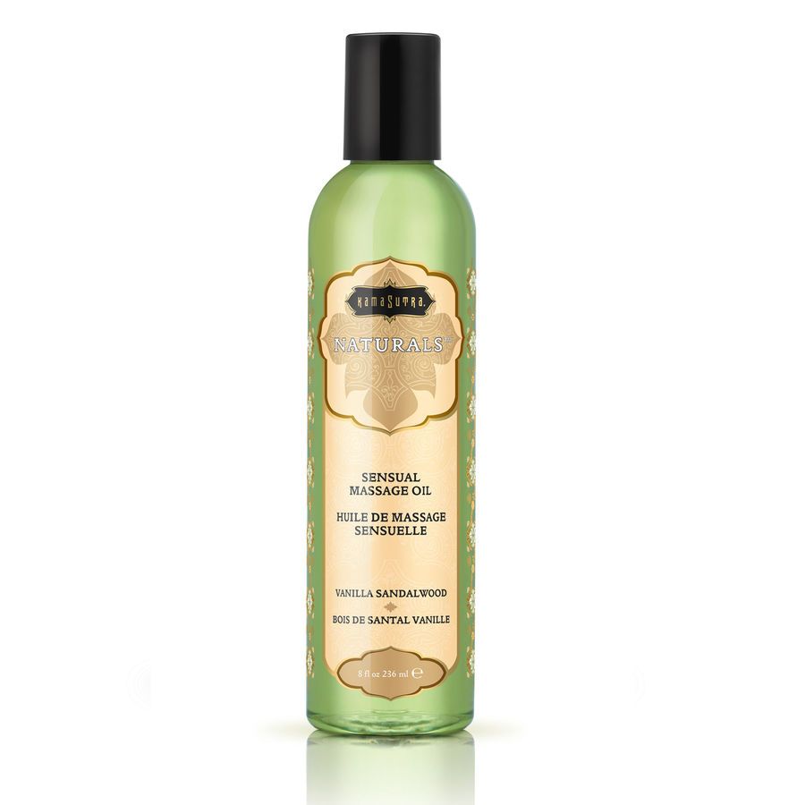 Grüne Flasche mit schwarzem Deckel. Aufschrift: Kamasutra Naturals, Sensual Massage Oil, Vanille Sandelholz.