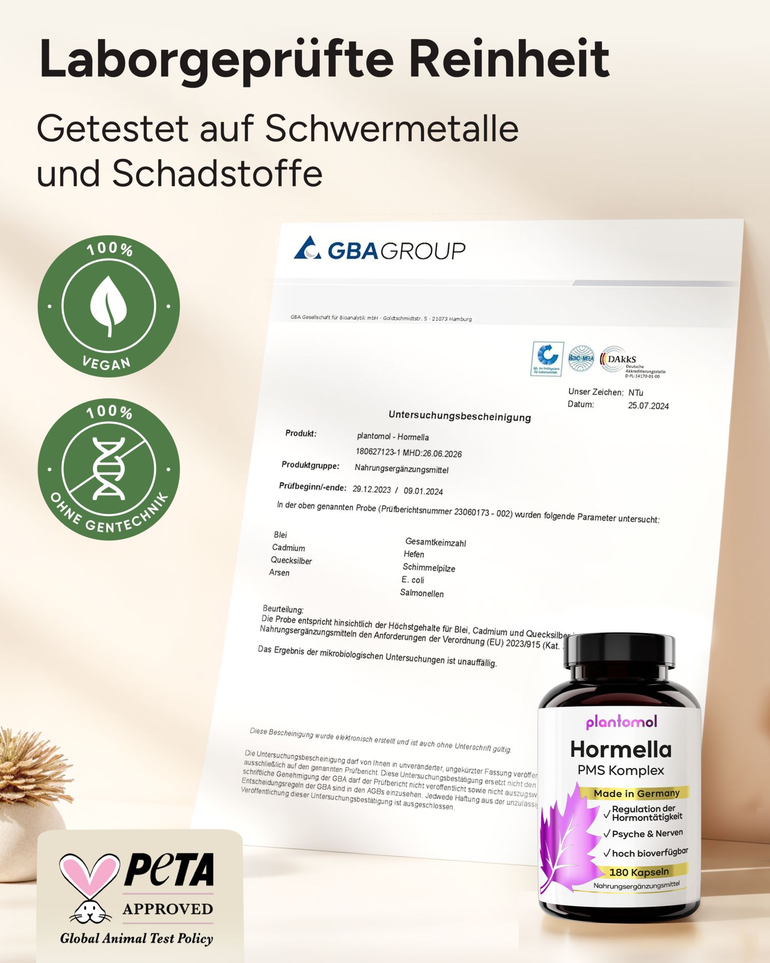Laborgeprüfte Reinheit. Zertifikate: 100% vegan, ohne Gentechnik. Flasche mit plantomol Hormella PMS Komplex.