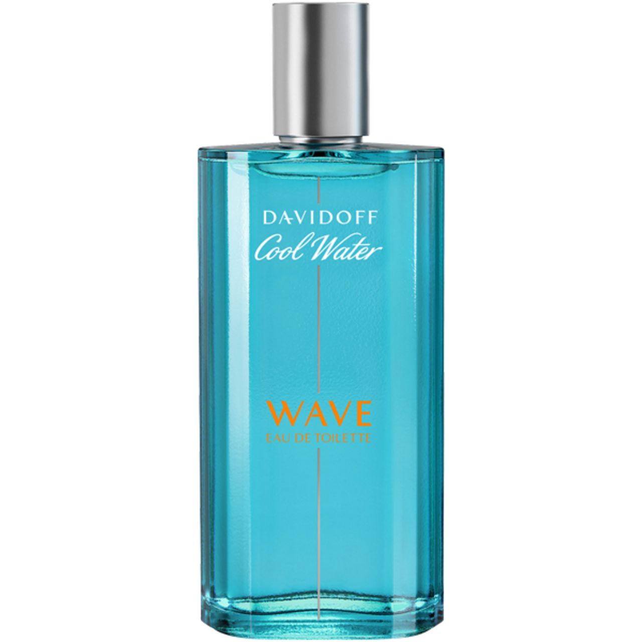 Davidoff Cool Water Wave E.d.T. Nat. Spray Flakon. Blaues Glas, silberner Verschluss. Text und Logo.