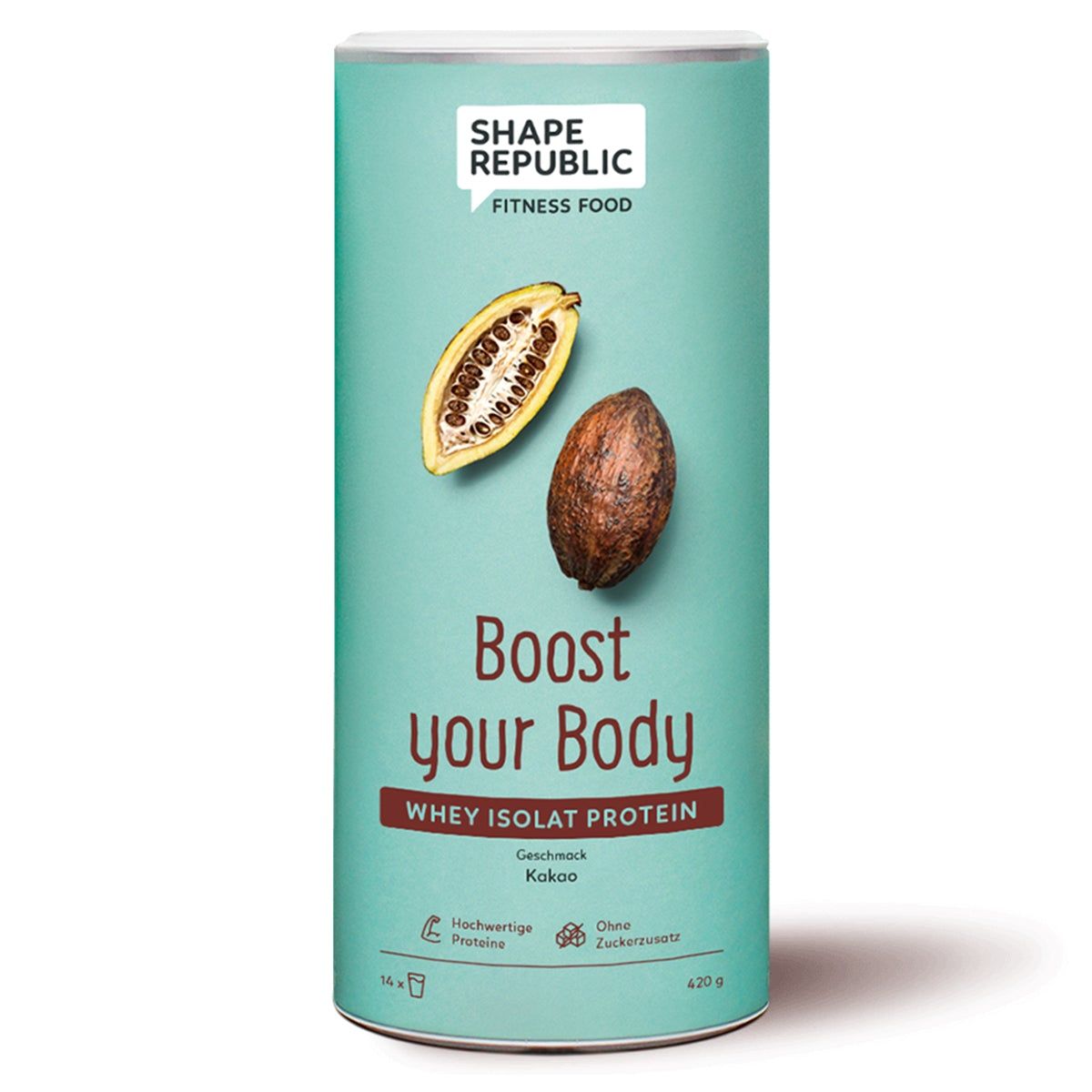 Türkis Dose mit "Shape Republic" und "Boost your Body". Kakaobohne und -hälfte. "Whey Isolat Protein" und "Geschmack Kakao".