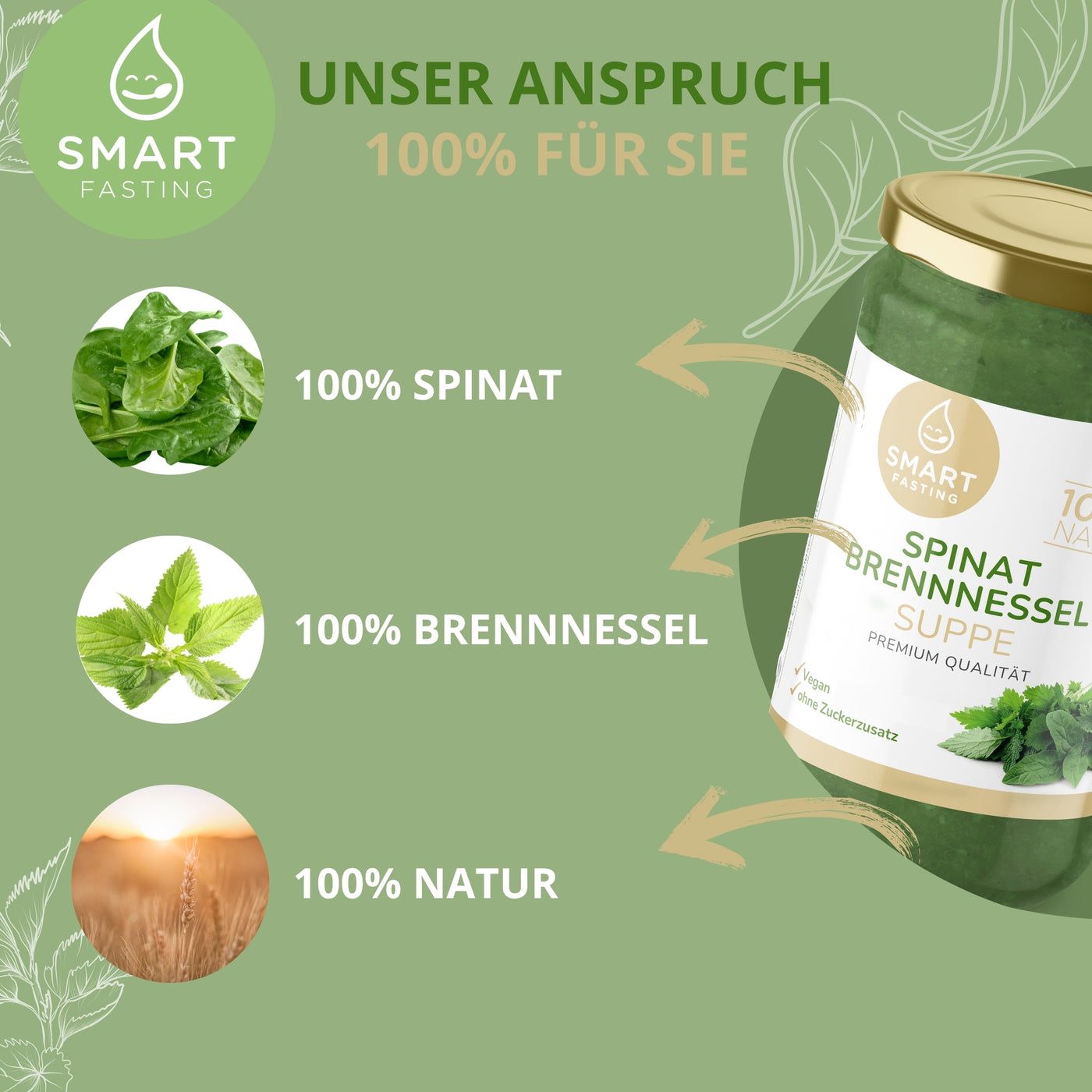 Grafik mit Zutaten: Spinat, Brennnessel, Getreide. Text: 100% Spinat, 100% Brennnessel, 100% Natur. Smart Fasting Logo.