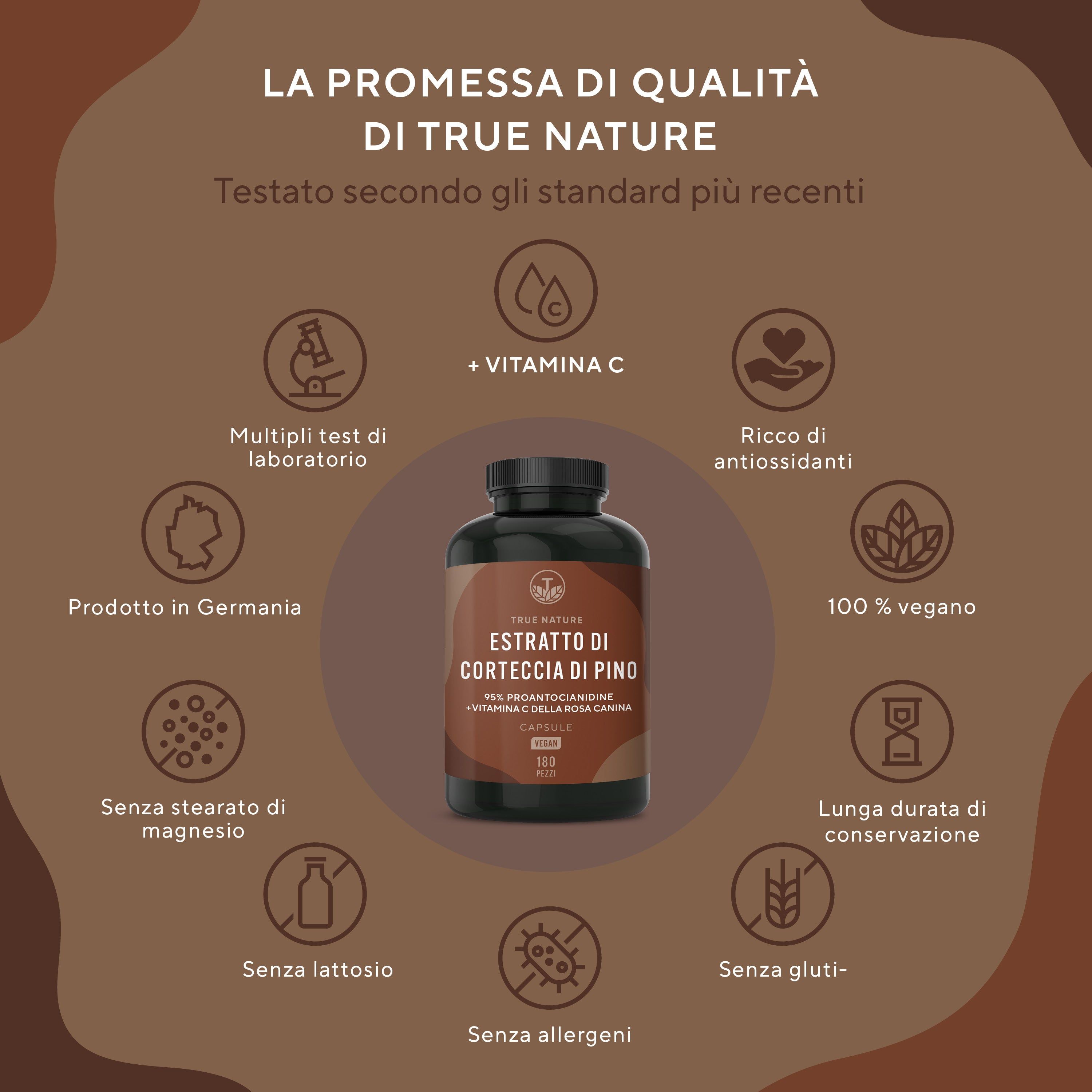 Grafica con prodotto e icone. Testo: Multipli test di laboratorio, + Vitamina C, ricco di antiossidanti, 100% vegano, senza stearato di magnesio, senza lattosio, senza allergeni, senza glutine, lunga durata.