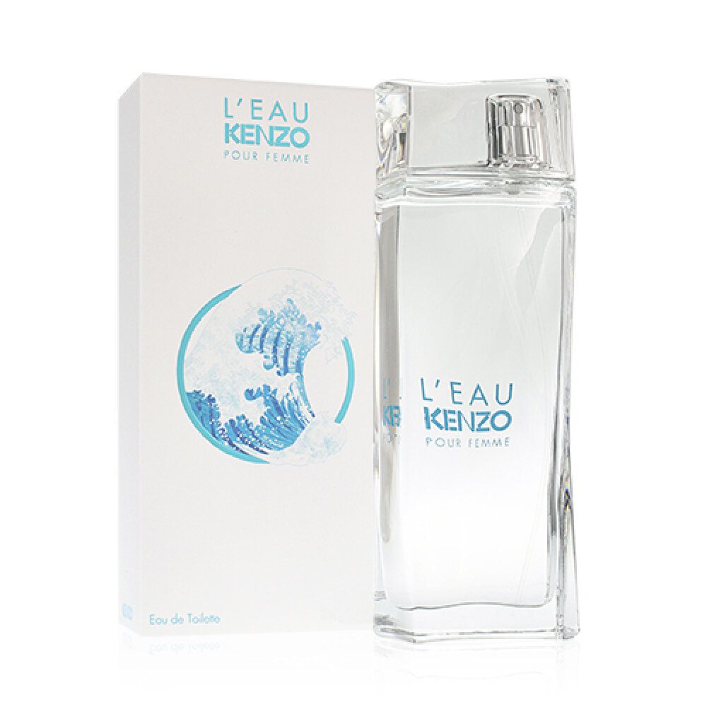 Flakon und Verpackung von Kenzo L'Eau Pour Femme. Rechteckiger Flakon mit Sprühkopf. Verpackung mit Wellenmotiv und Produktnamen.