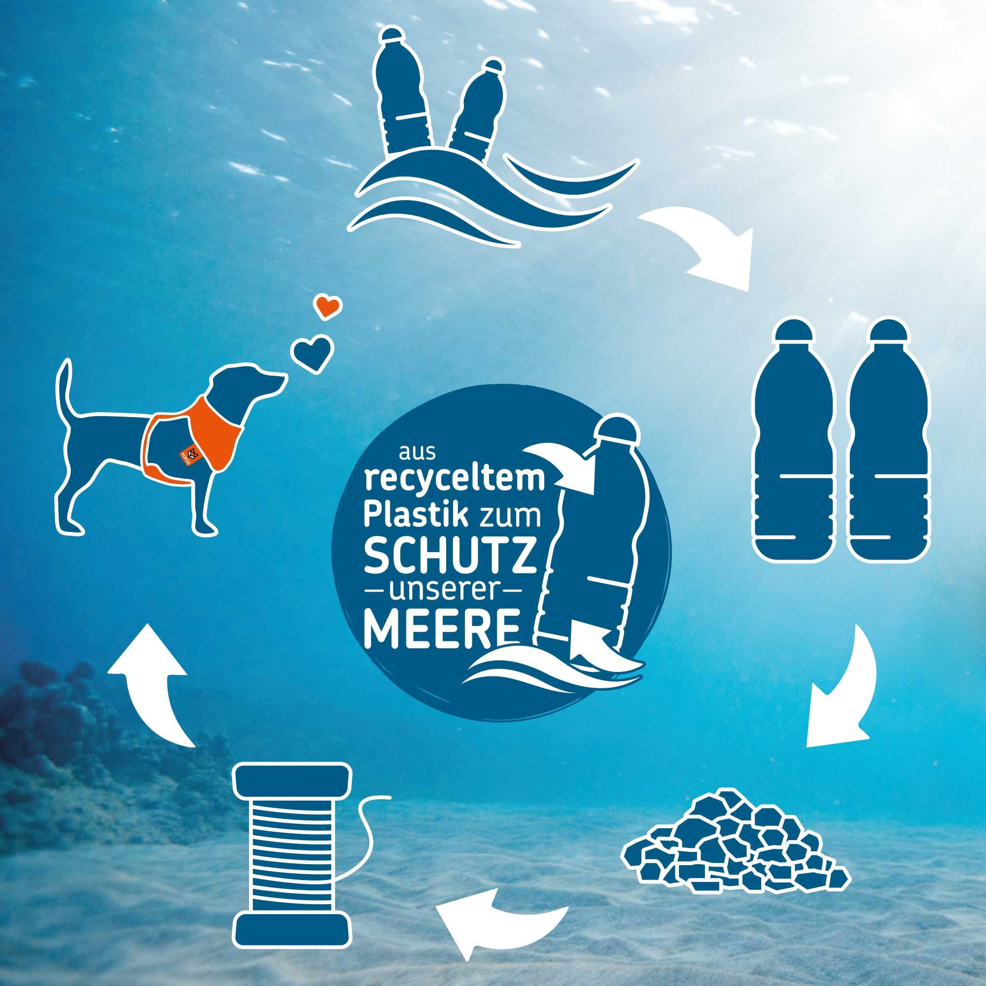 Grafik: Kreislauf von recyceltem Plastik zu Schutz der Meere. Hund mit Weste, Flaschen, Garnrolle.