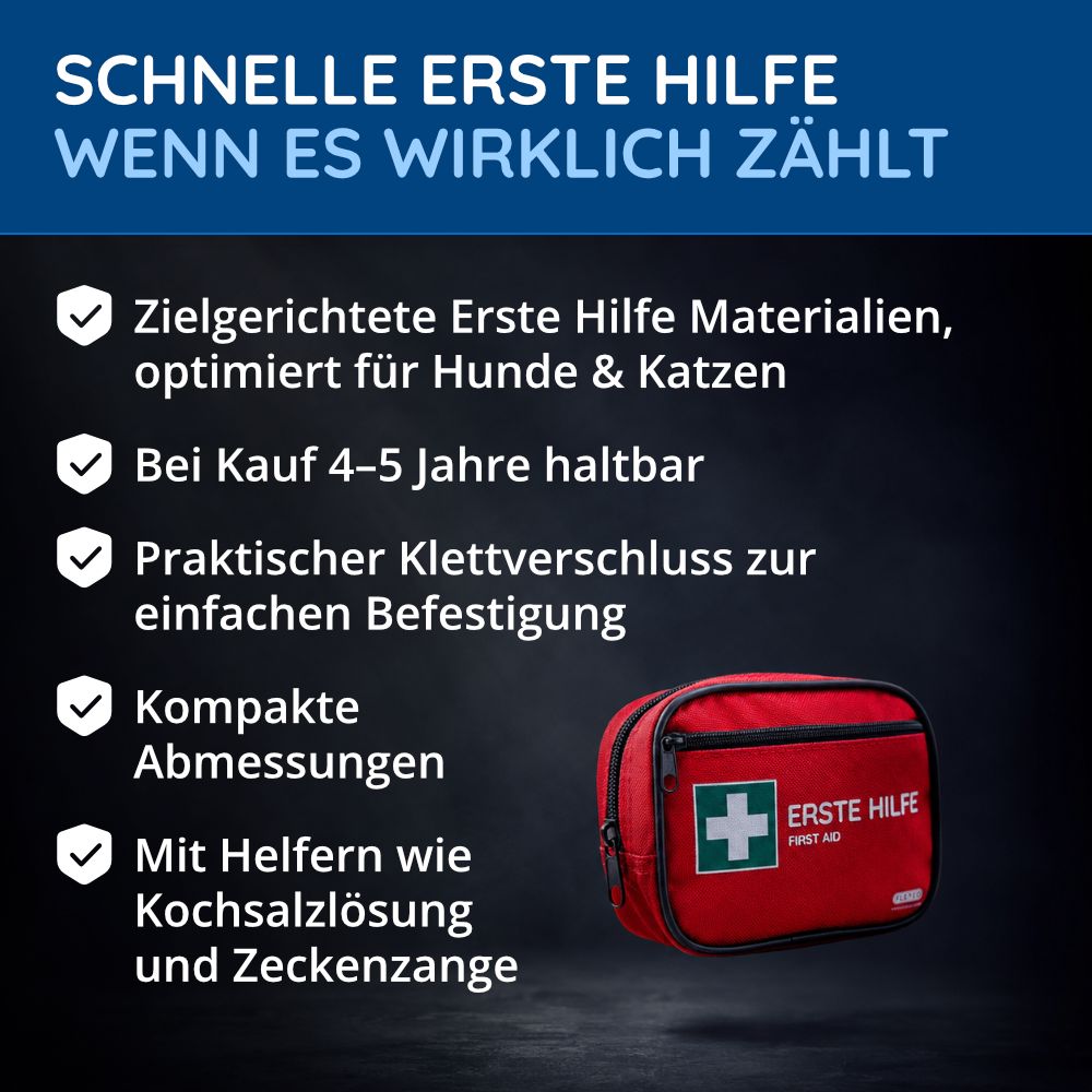 Rotes Erste-Hilfe-Set mit Reißverschluss und weißem Kreuz. Text: Zielgerichtete Erste Hilfe für Hunde & Katzen. Haltbarkeit 4-5 Jahre.