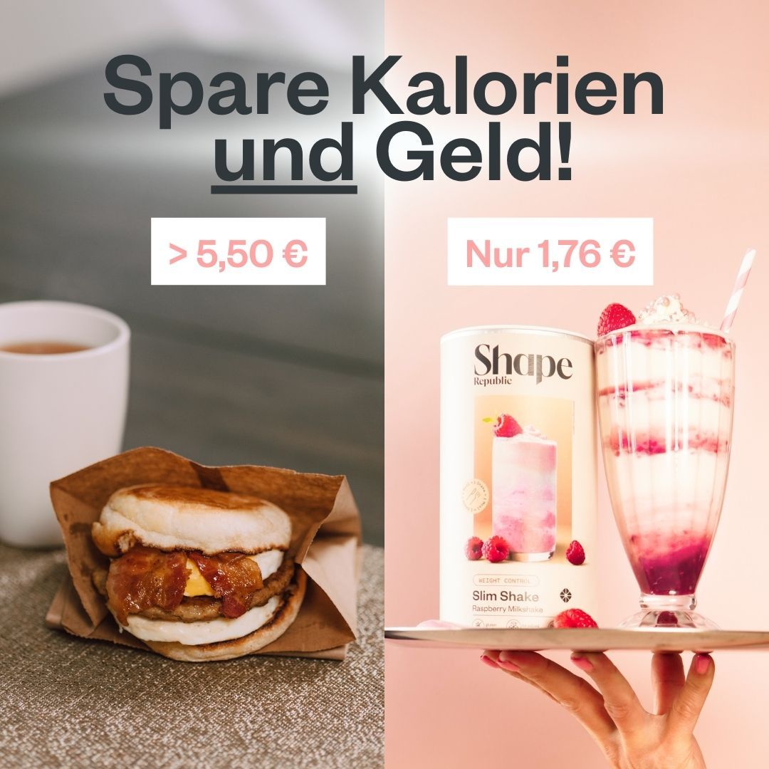 Vergleich von Essen und Shake. Links: Essen, > 5,50 €. Rechts: Shake, Nur 1,76 €. Shake in Glas mit Himbeeren, gehalten von einer Hand.