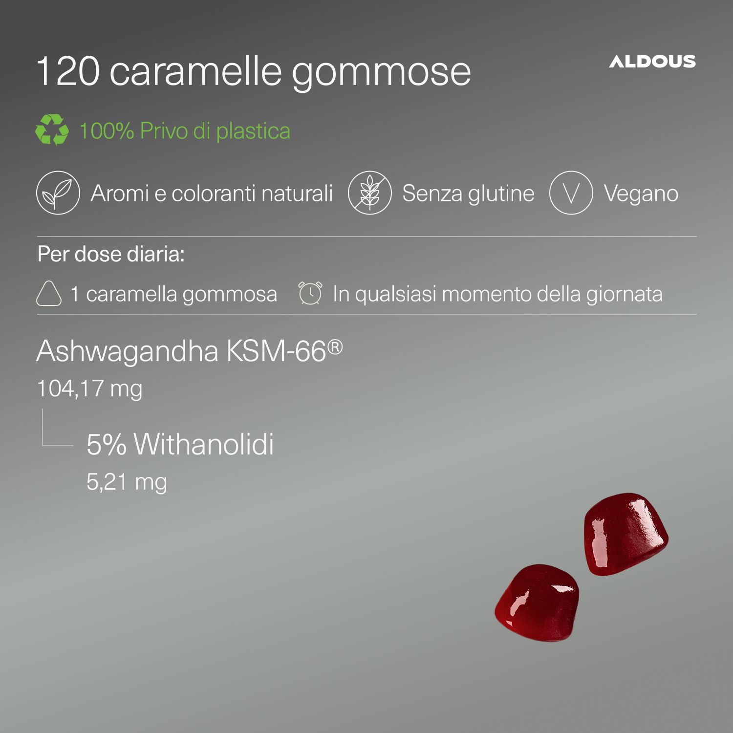 Aldous Ashwagandha Gummies: 120 Stück, vegan, glutenfrei, natürliche Aromen.