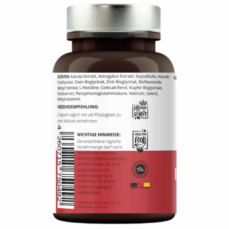 Rückseite der Flasche mit Inhaltsstoffen und Verzehrempfehlung. Qualitäts- und Gesundheitszeichen. Rotes Etikett mit Text.