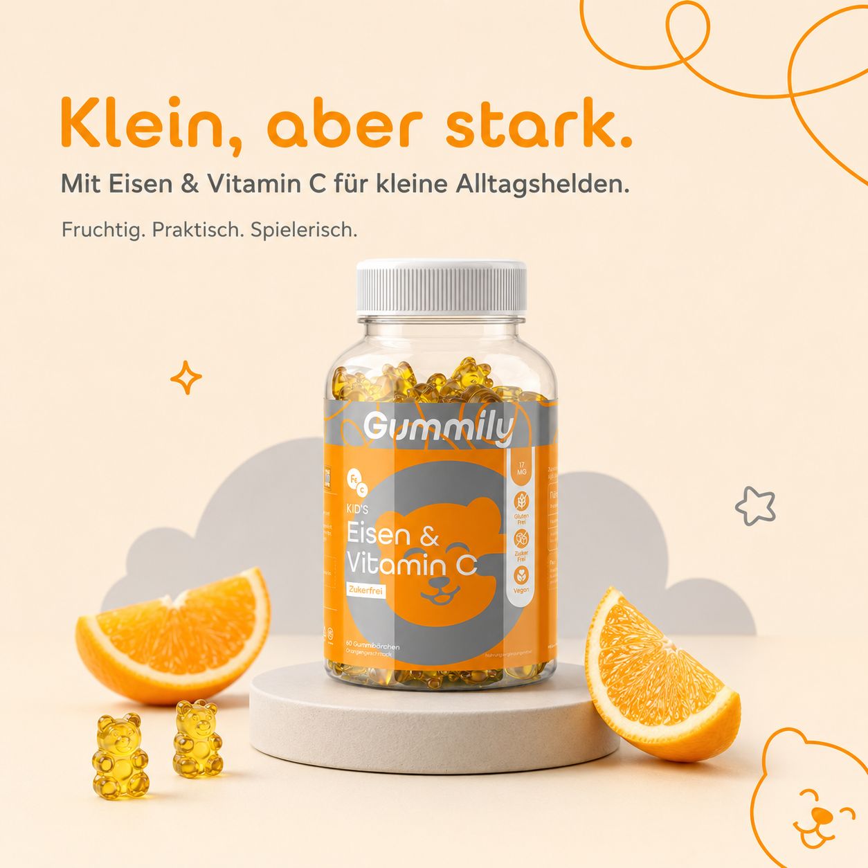 Gummily Eisen & Vitamin C Gummibärchen für Kinder, mit Orangenstücken.