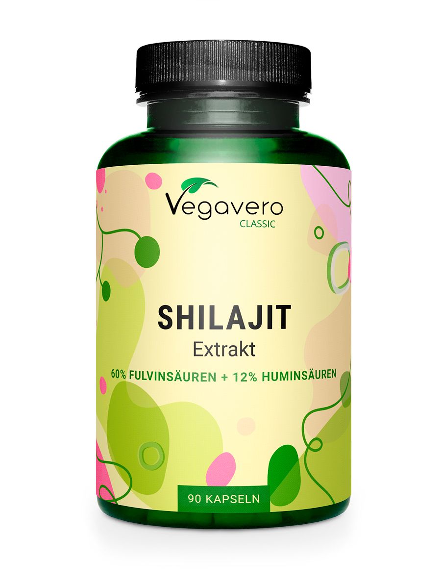 Grüne Flasche mit schwarzen Deckel. Aufschrift: Vegavaro Classic, Shilajit Extrakt, 60% Fulvinsäuren + 12% Huminsäuren, 90 Kapseln.