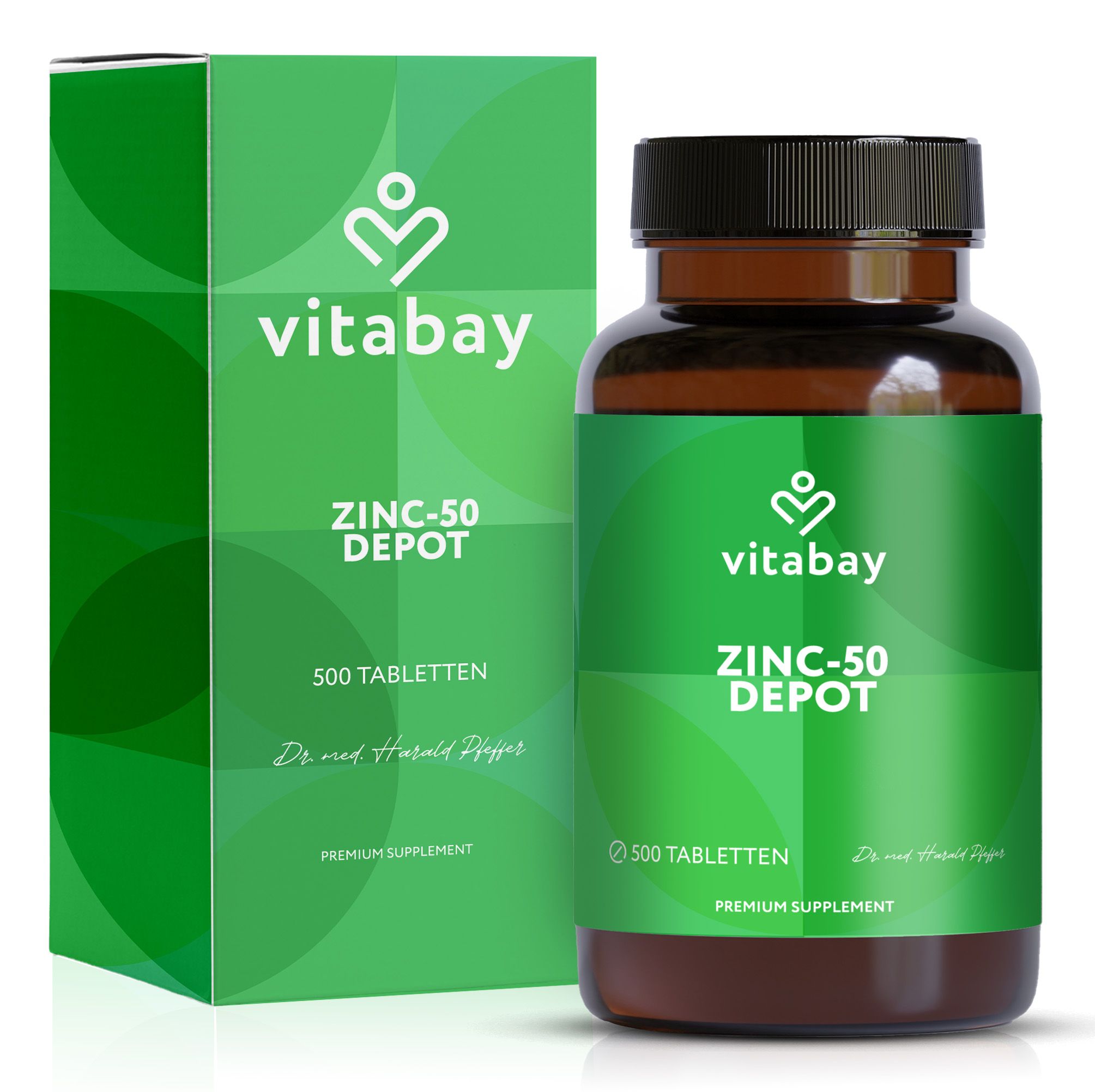 Braune Glasflasche und grüne Schachtel mit "Vitabay Zinc-50 DEPOT". Beide mit grünen Etiketten und weißen Schriftzügen. 500 Tabletten.