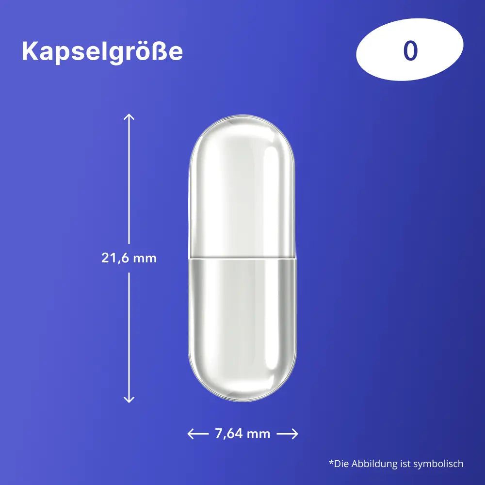 Transparente Kapsel mit den Maßen 21,6 mm x 7,64 mm. Aufschrift: Kapselgröße 0.