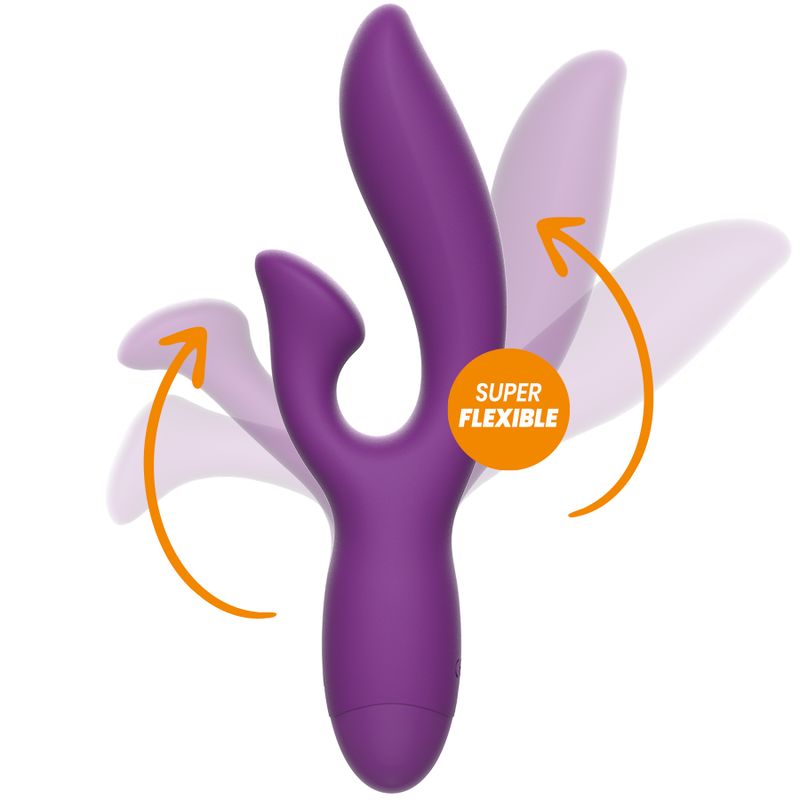 Lila Vibrator mit geschwungener Form und flexiblen Elementen. Aufschrift "SUPER FLEXIBLE". Pfeile zeigen die Flexibilität an.