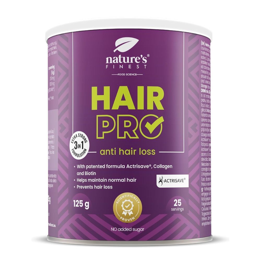 Dose Nature's Finest Hair Pro. Lila Dose mit grünem Schriftzug. Enthält 125g, 25 Portionen. Mit Actrisave, Kollagen und Biotin.