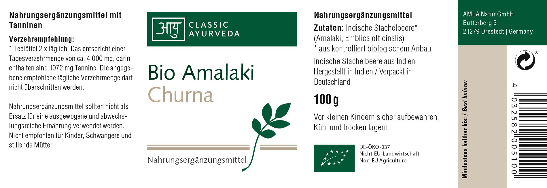 Etikett mit "Classic Ayurveda" und "Bio Amalaki Churna". Text: Nahrungsergänzungsmittel, 100g, Bio-Siegel.